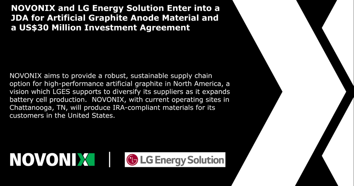 NOVONIX and LG Energy Solution Enter into a JDA for Artificial Graphite Anode Material and a US$30 Million Investment Agreement